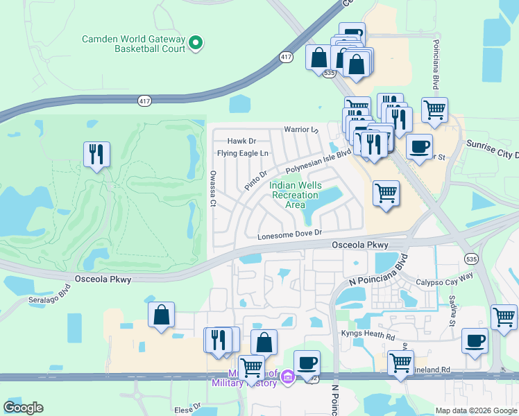 map of restaurants, bars, coffee shops, grocery stores, and more near 3164 Pinto Drive in Kissimmee
