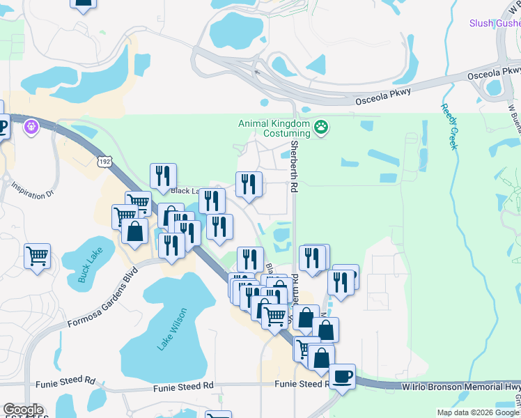 map of restaurants, bars, coffee shops, grocery stores, and more near 3155 Pantanal Lane in Kissimmee