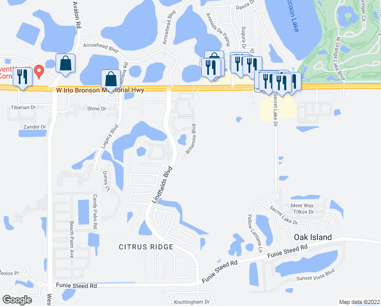 map of restaurants, bars, coffee shops, grocery stores, and more near 8707 Knightsbridge Court in Kissimmee