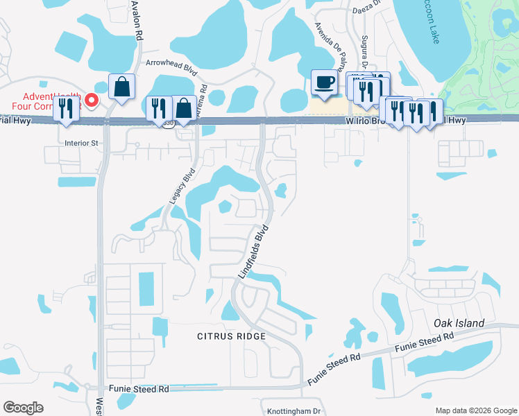 map of restaurants, bars, coffee shops, grocery stores, and more near 3200 Queen Palms Court in Kissimmee