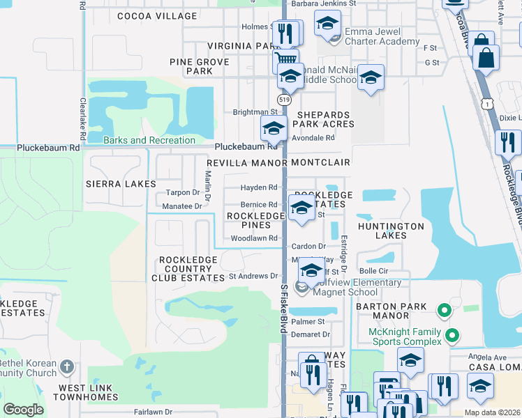 map of restaurants, bars, coffee shops, grocery stores, and more near 1014 Bernice Road in Rockledge