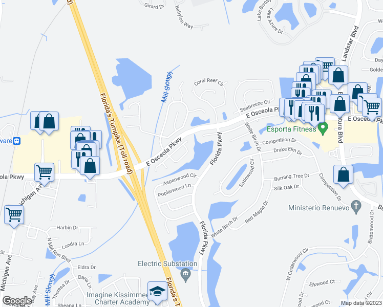 map of restaurants, bars, coffee shops, grocery stores, and more near 328 Plumwood Circle in Kissimmee