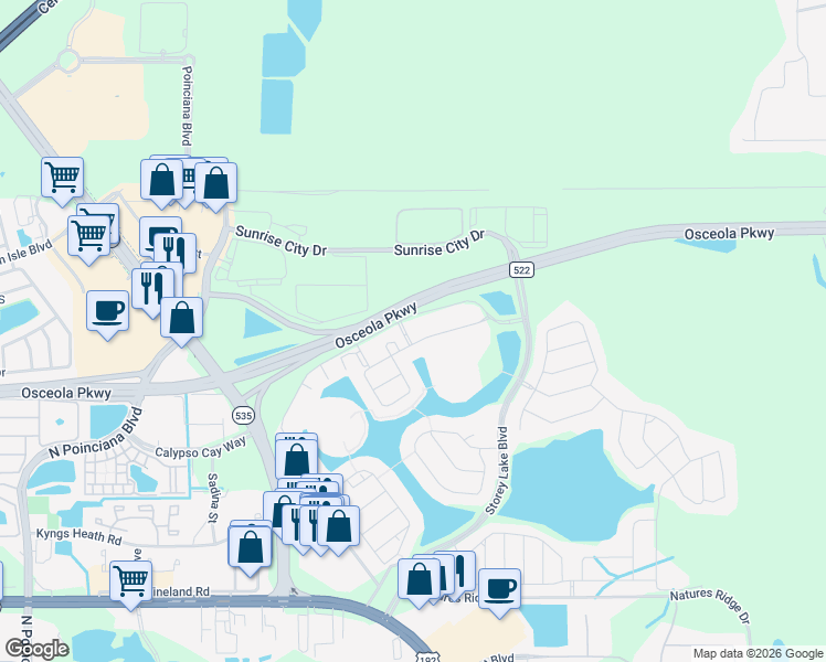 map of restaurants, bars, coffee shops, grocery stores, and more near 4741 Clock Tower Drive in Kissimmee