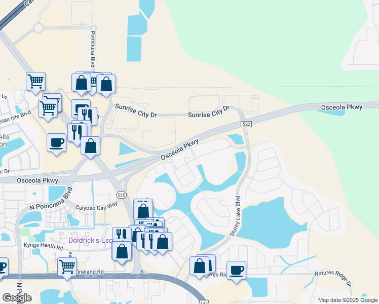 map of restaurants, bars, coffee shops, grocery stores, and more near 4825 Clock Tower Drive in Kissimmee