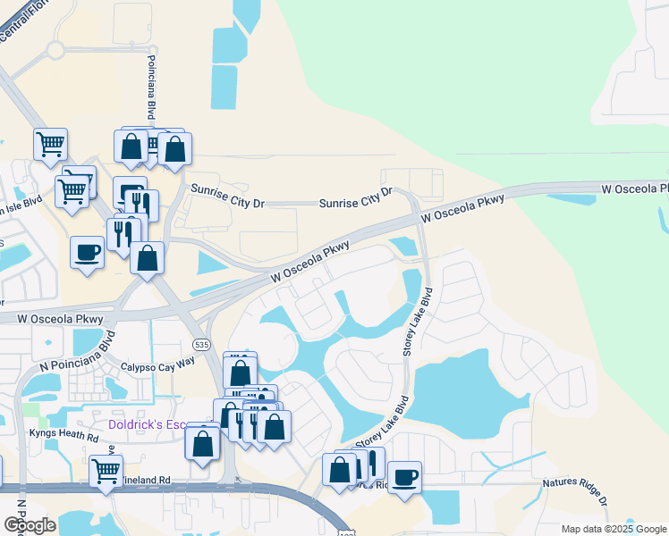 map of restaurants, bars, coffee shops, grocery stores, and more near 4741 Clock Tower Drive in Kissimmee