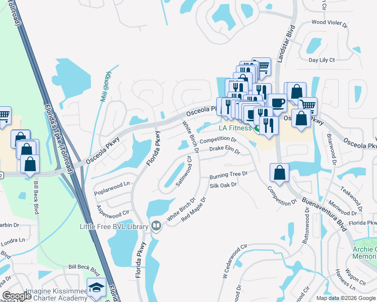 map of restaurants, bars, coffee shops, grocery stores, and more near 295 Satinwood Circle in Kissimmee