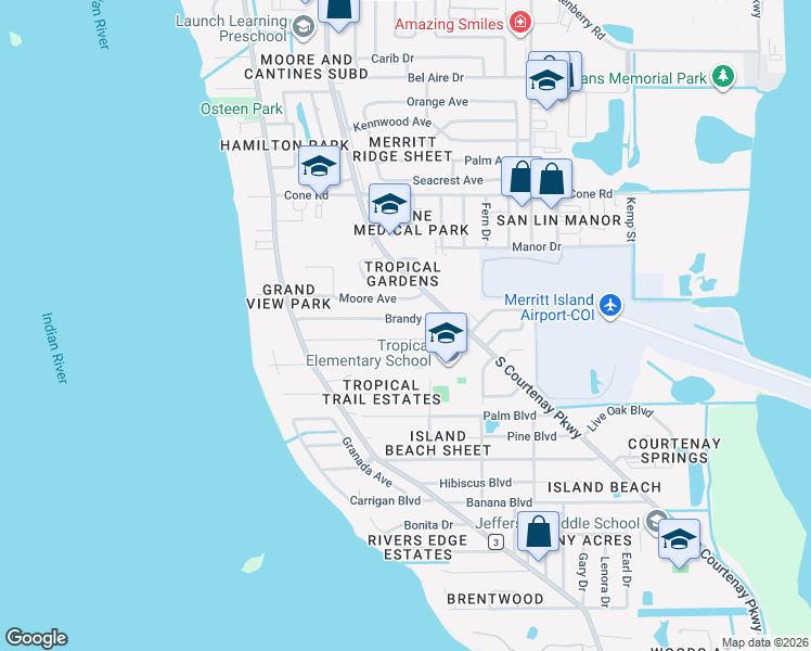 map of restaurants, bars, coffee shops, grocery stores, and more near 155 Brandy Lane in Merritt Island