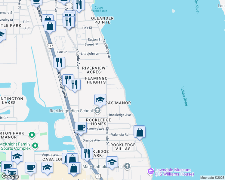 map of restaurants, bars, coffee shops, grocery stores, and more near 35 Loch Ness Drive in Rockledge