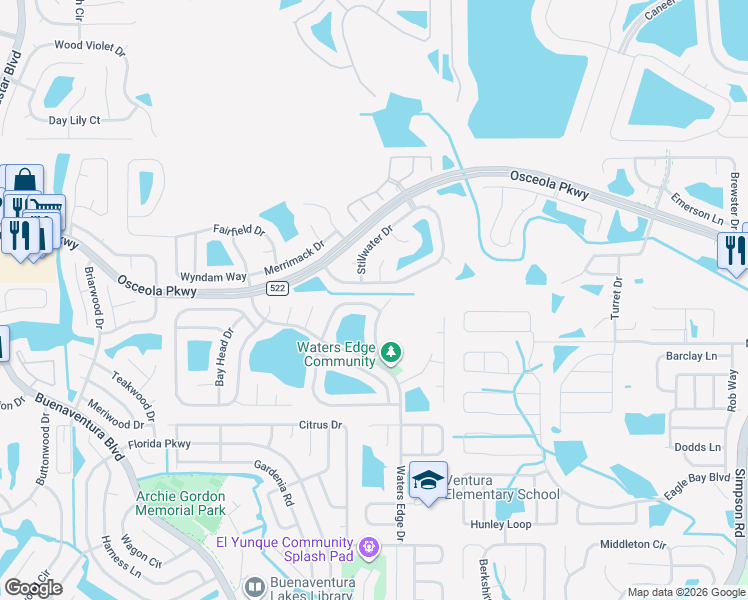 map of restaurants, bars, coffee shops, grocery stores, and more near 383 Blue Bayou Drive in Kissimmee
