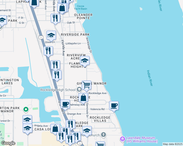 map of restaurants, bars, coffee shops, grocery stores, and more near 35 Loch Ness Drive in Rockledge