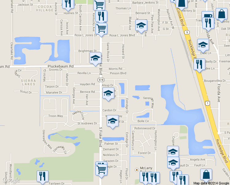 map of restaurants, bars, coffee shops, grocery stores, and more near 911 O'hara Drive in Rockledge