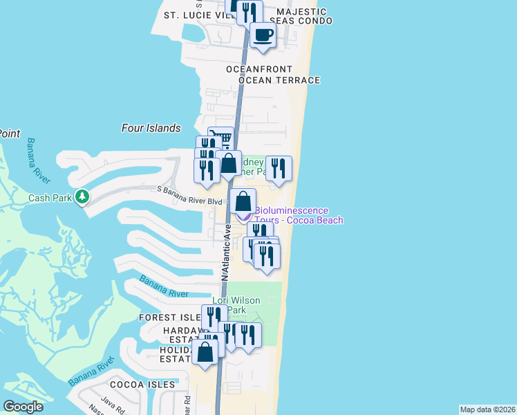 map of restaurants, bars, coffee shops, grocery stores, and more near 1980 North Atlantic Avenue in Cocoa Beach