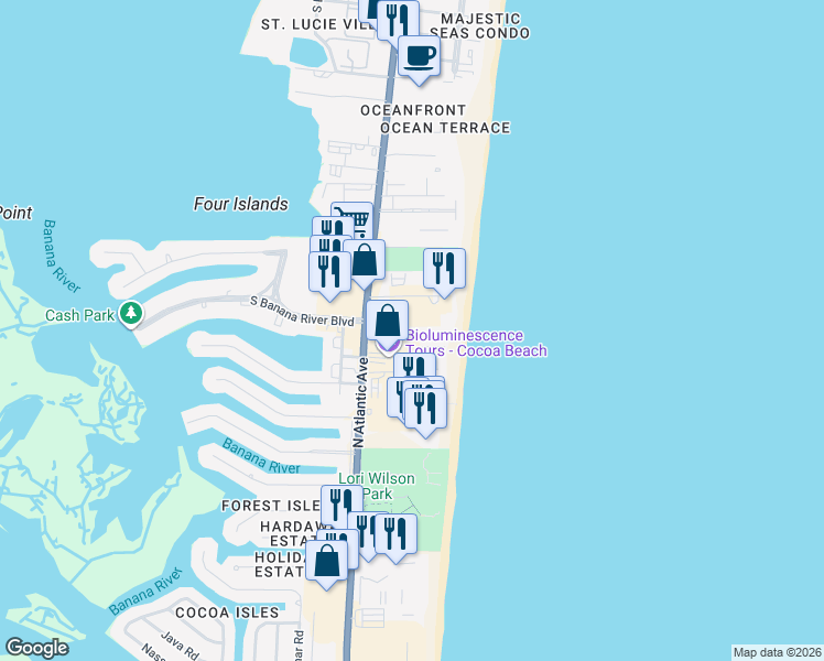 map of restaurants, bars, coffee shops, grocery stores, and more near 1980 North Atlantic Avenue in Cocoa Beach
