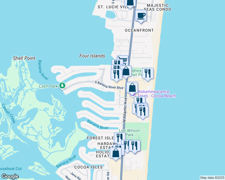 map of restaurants, bars, coffee shops, grocery stores, and more near 205 South Banana River Boulevard in Cocoa Beach