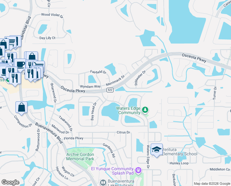 map of restaurants, bars, coffee shops, grocery stores, and more near 112 Blue Springs Court in Kissimmee