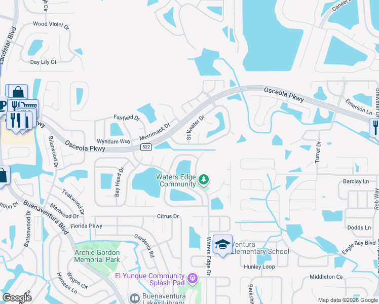 map of restaurants, bars, coffee shops, grocery stores, and more near 383 Blue Bayou Drive in Kissimmee