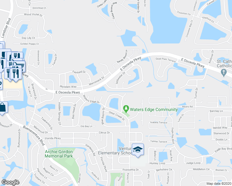 map of restaurants, bars, coffee shops, grocery stores, and more near 381 Blue Bayou Drive in Kissimmee