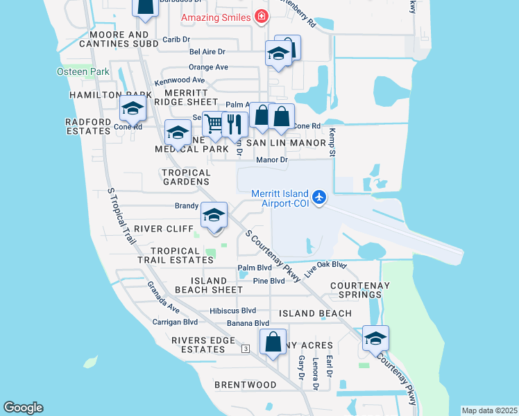 map of restaurants, bars, coffee shops, grocery stores, and more near 360 Aztec Avenue in Merritt Island