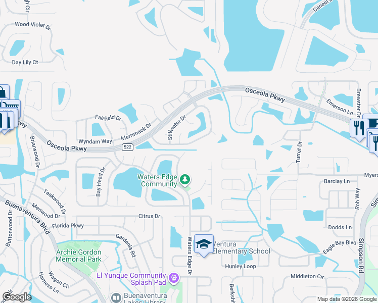 map of restaurants, bars, coffee shops, grocery stores, and more near 124 Blackwater Court in Kissimmee