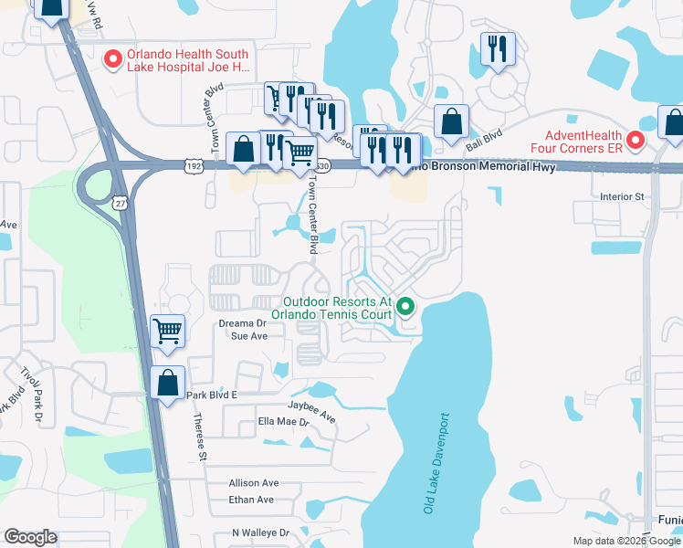 map of restaurants, bars, coffee shops, grocery stores, and more near 6000 U.S. 192 in Clermont