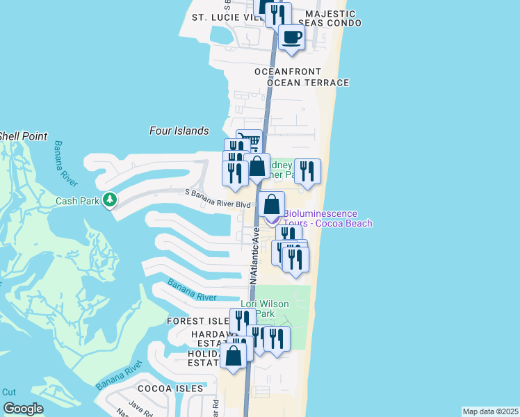 map of restaurants, bars, coffee shops, grocery stores, and more near 2020 North Atlantic Avenue in Cocoa Beach