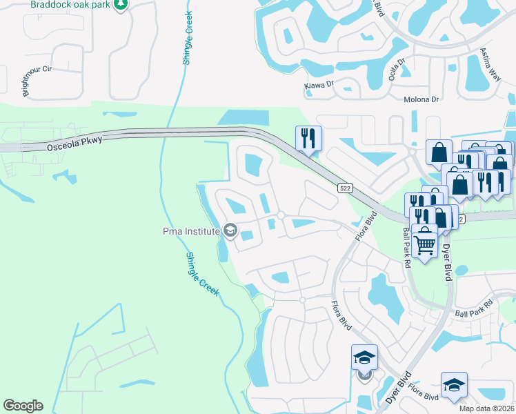 map of restaurants, bars, coffee shops, grocery stores, and more near 3205 Hanging Moss Circle in Kissimmee