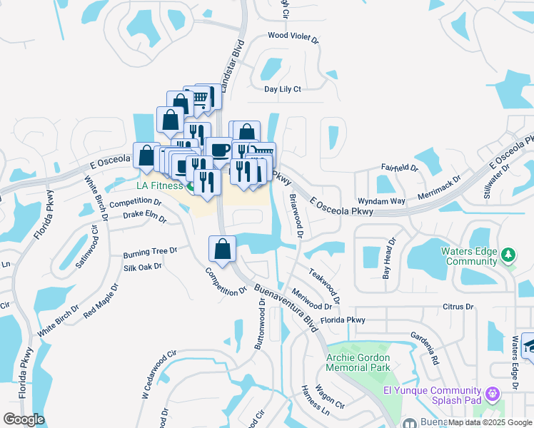 map of restaurants, bars, coffee shops, grocery stores, and more near 74 Lakepointe Circle in Kissimmee