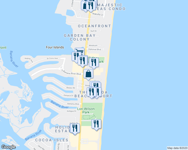 map of restaurants, bars, coffee shops, grocery stores, and more near 2020 North Atlantic Avenue in Cocoa Beach