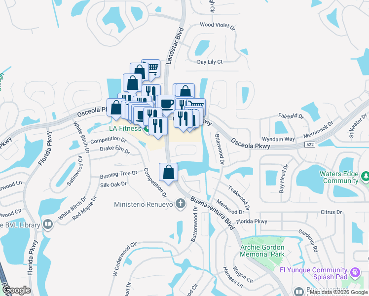 map of restaurants, bars, coffee shops, grocery stores, and more near 115 Lakepointe Circle in Kissimmee