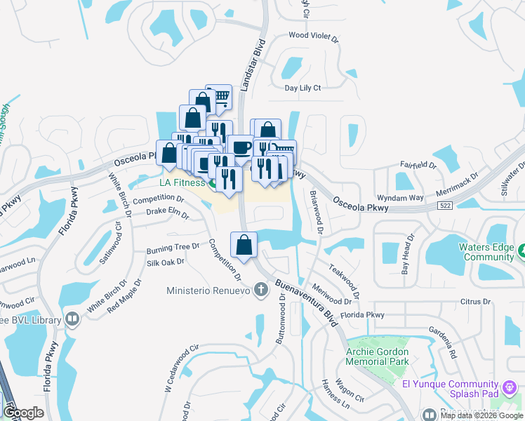 map of restaurants, bars, coffee shops, grocery stores, and more near 115 Lakepointe Circle in Kissimmee