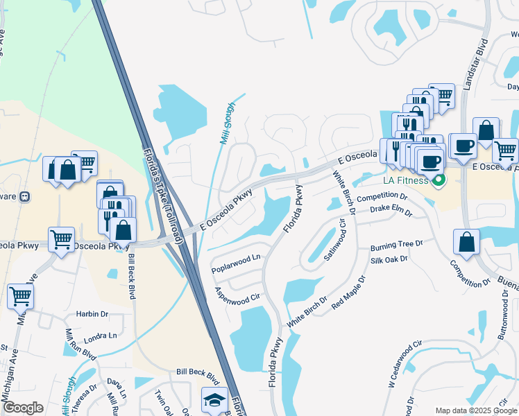 map of restaurants, bars, coffee shops, grocery stores, and more near 332 Plumwood Circle in Kissimmee