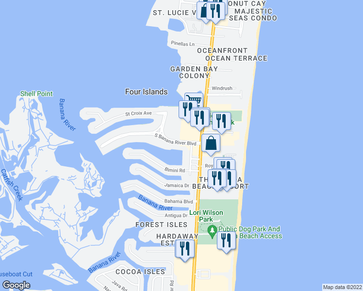 map of restaurants, bars, coffee shops, grocery stores, and more near 100 South Banana River Boulevard in Cocoa Beach