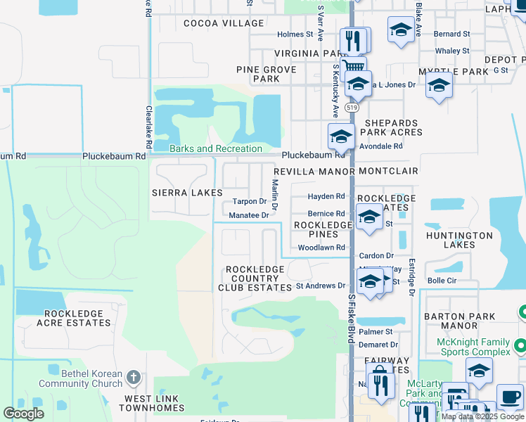 map of restaurants, bars, coffee shops, grocery stores, and more near 1118 Manatee Drive in Rockledge