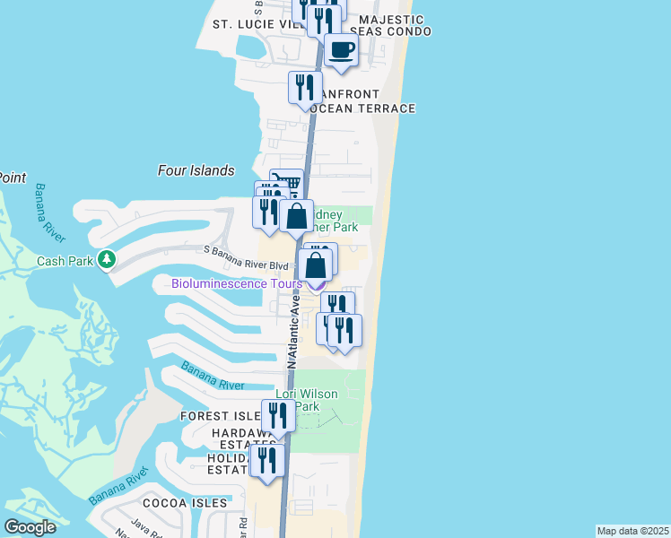 map of restaurants, bars, coffee shops, grocery stores, and more near 1980 North Atlantic Avenue in Cocoa Beach