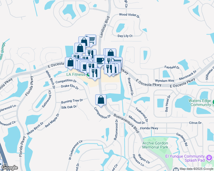 map of restaurants, bars, coffee shops, grocery stores, and more near 117 Lakepointe Circle in Kissimmee