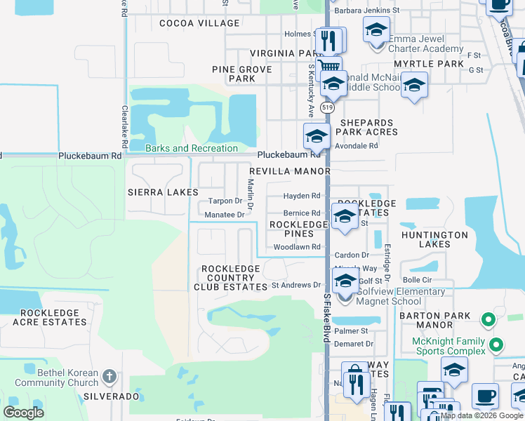 map of restaurants, bars, coffee shops, grocery stores, and more near 1097 Georgia Avenue in Rockledge