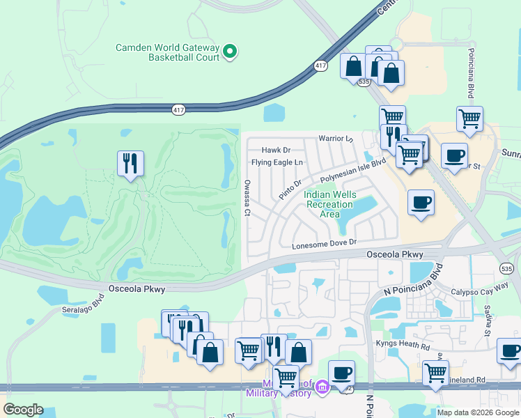 map of restaurants, bars, coffee shops, grocery stores, and more near 5316 Barefoot Path in Kissimmee