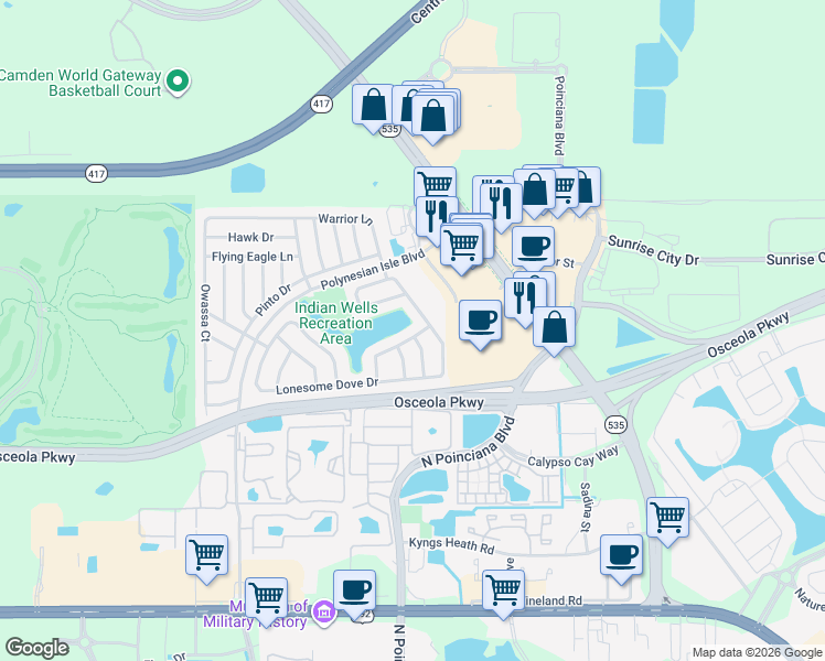 map of restaurants, bars, coffee shops, grocery stores, and more near 5209 Broken Arrow Drive in Kissimmee