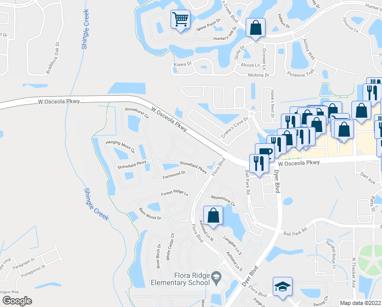 map of restaurants, bars, coffee shops, grocery stores, and more near 3235 River Branch Circle in Kissimmee