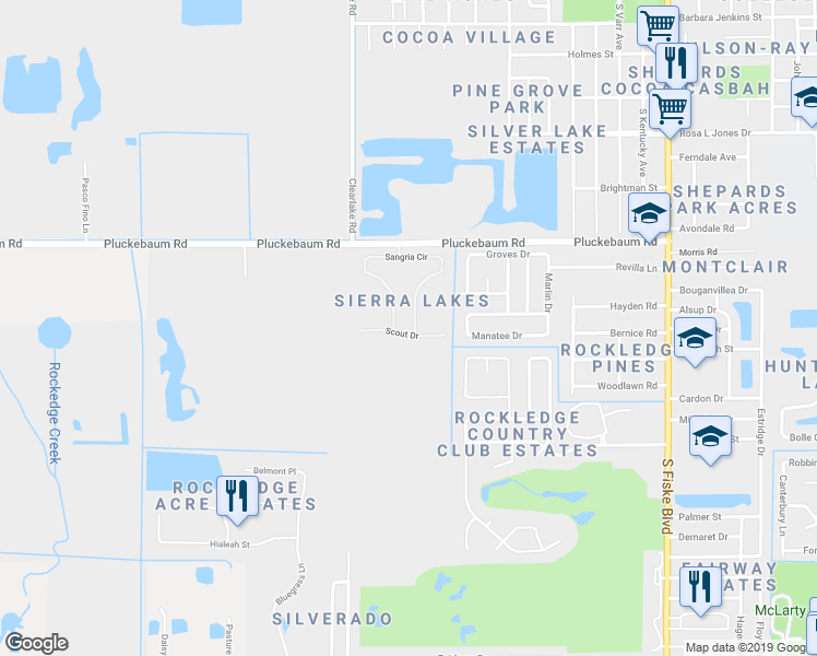 map of restaurants, bars, coffee shops, grocery stores, and more near 906 Sangria Circle in Rockledge