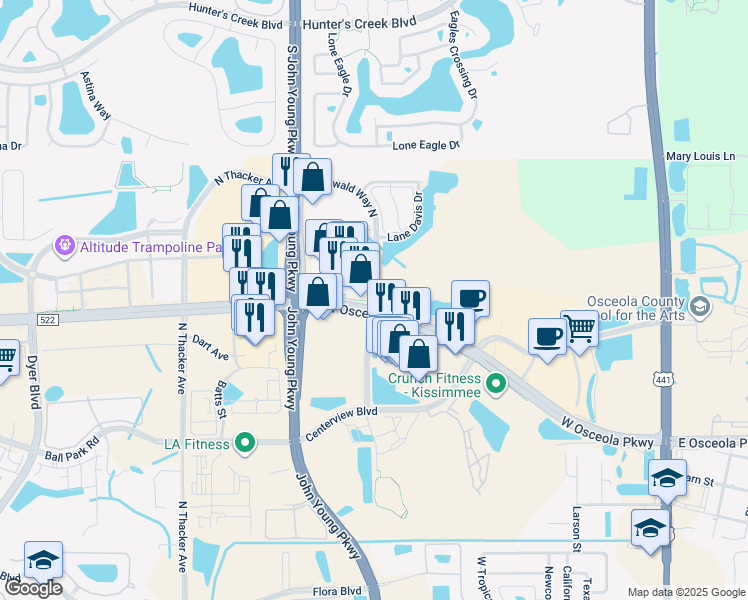 map of restaurants, bars, coffee shops, grocery stores, and more near Greenwald Way North in Kissimmee
