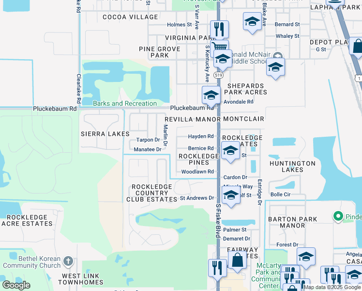 map of restaurants, bars, coffee shops, grocery stores, and more near 1052 Bernice Road in Rockledge