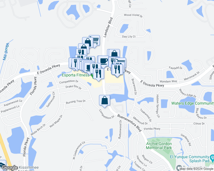 map of restaurants, bars, coffee shops, grocery stores, and more near 115 Lakepointe Circle in Kissimmee
