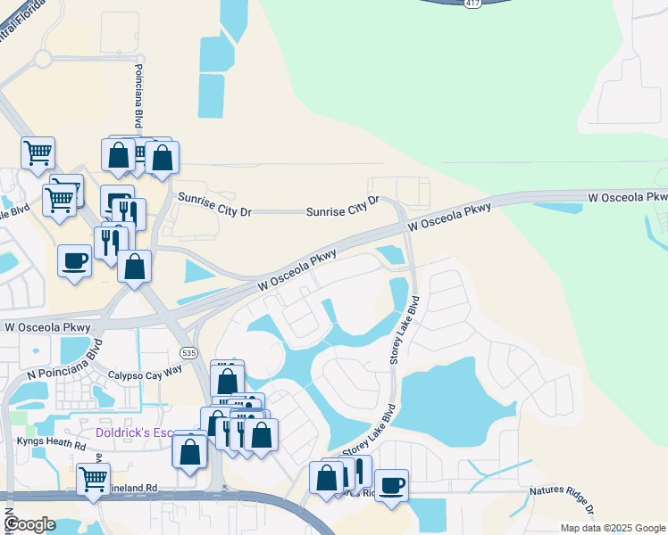 map of restaurants, bars, coffee shops, grocery stores, and more near 4741 Clock Tower Drive in Kissimmee