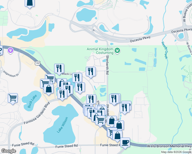 map of restaurants, bars, coffee shops, grocery stores, and more near 3155 Pantanal Lane in Kissimmee