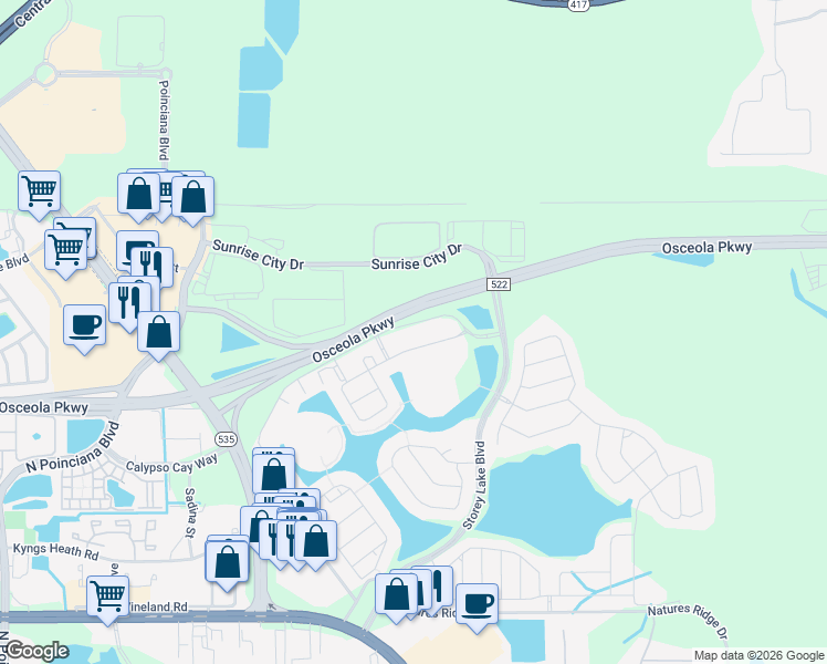 map of restaurants, bars, coffee shops, grocery stores, and more near 4741 Clock Tower Drive in Kissimmee