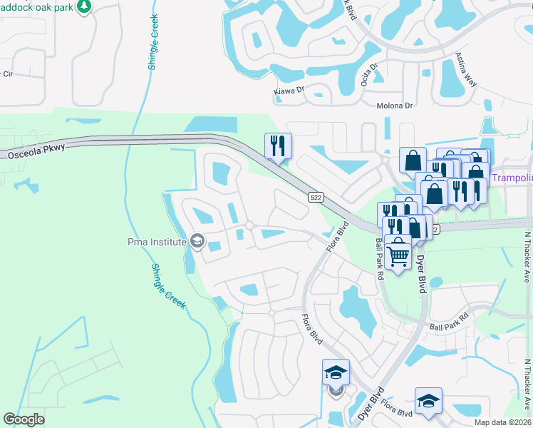 map of restaurants, bars, coffee shops, grocery stores, and more near 3110 River Branch Circle in Kissimmee