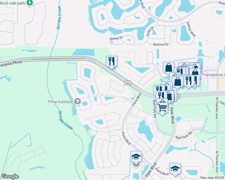 map of restaurants, bars, coffee shops, grocery stores, and more near 3258 River Branch Circle in Kissimmee
