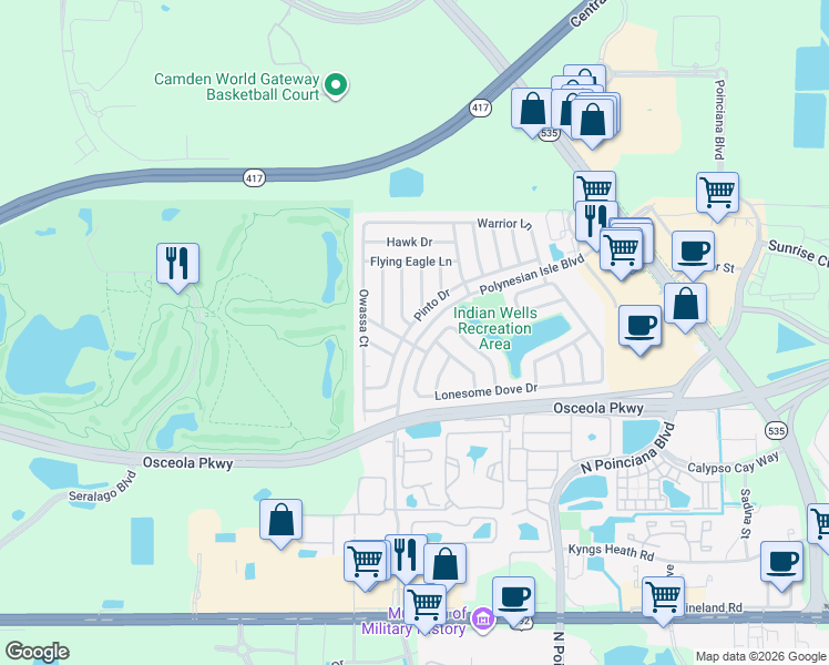 map of restaurants, bars, coffee shops, grocery stores, and more near 3164 Pinto Drive in Kissimmee