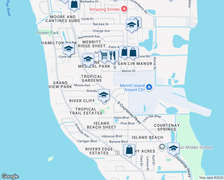 map of restaurants, bars, coffee shops, grocery stores, and more near 290 Mojave Court in Merritt Island